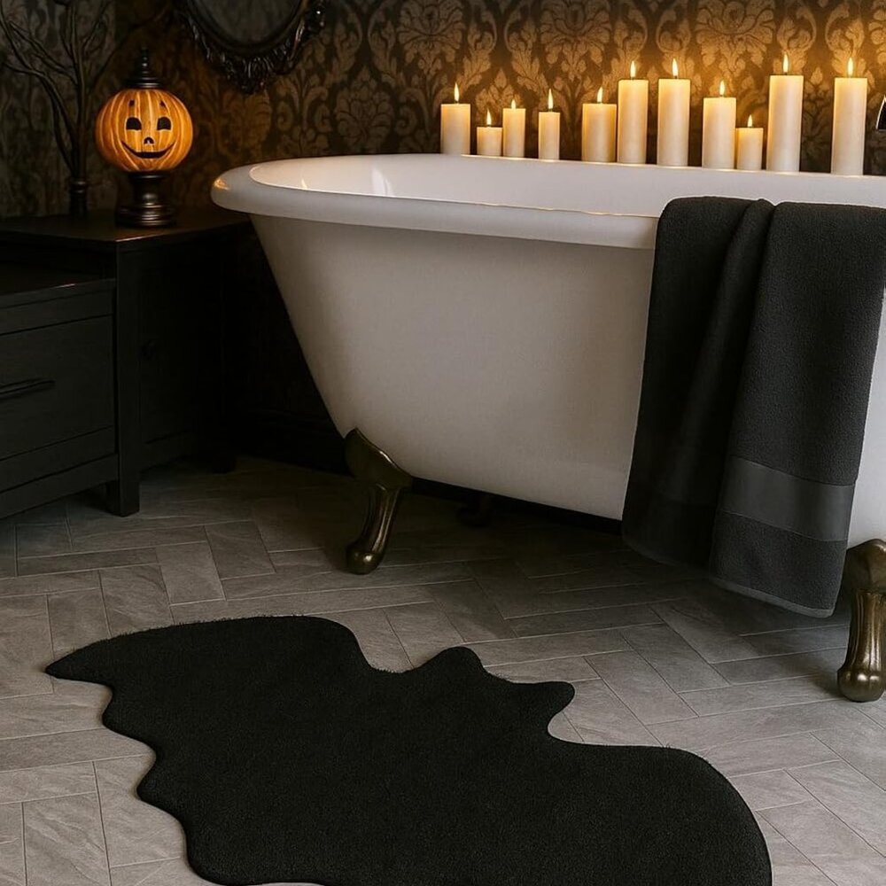 Premium Bat Bathroom Rug – Black Gothic Bat Bath Mat, Non-Slip Halloween Bathroo